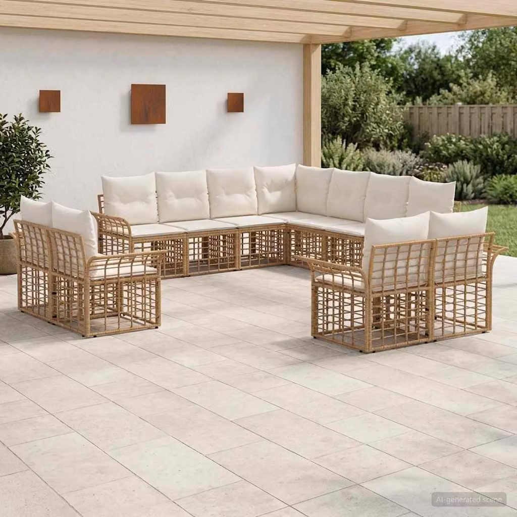 vidaXL Set di divani da esterno 11 pz in stile moderno con struttura in metallo e cuscini, Colore Naturale e Bianco Crema