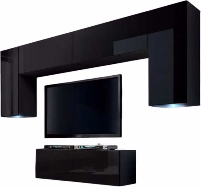 Set di mobili da soggiorno nero sospesi collezione CEPTO II 256cm, 6 porte, 4 ripiani, led, modulari.