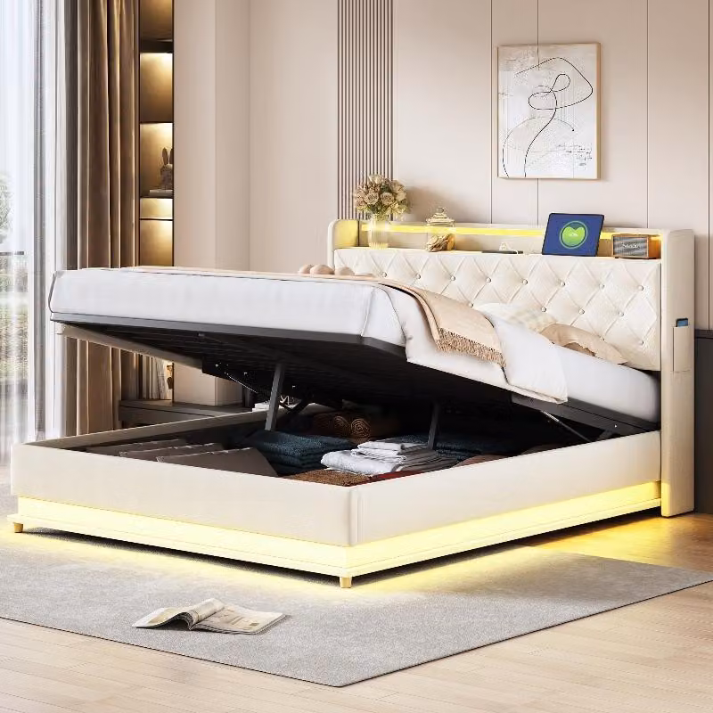 Letto imbottito LED 160x200 cm con porta USB, spazio contenitore con sistema idraulico e rete a doghe in metallo, rivestito in tessuto beige con testiera, ideale per la camera da letto