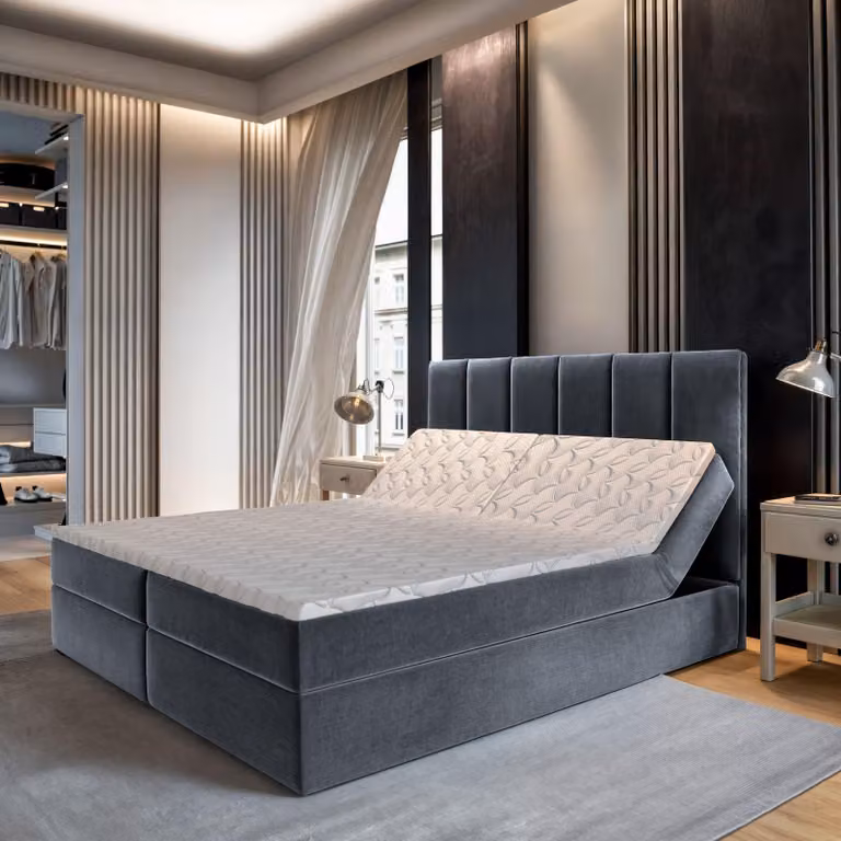 Masseno letto a molle BARINO 140x200 cm completo di materasso bonell e topper, letto imbottito con cassettiera -grigio, PAROS 06