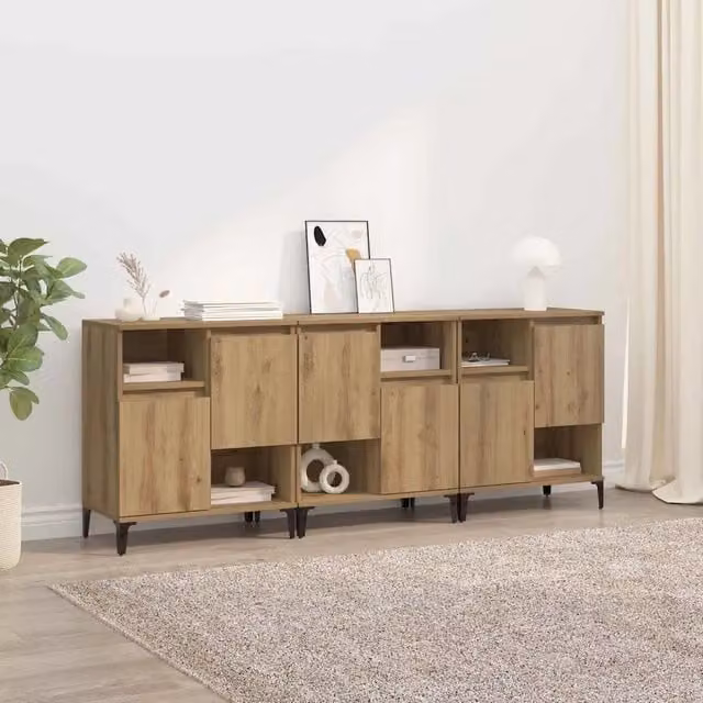 Set di 3 credenze vidaXL in rovere e metallo, colore marrone e nero, L/P/H: 60 x 35 x 70 cm – 1