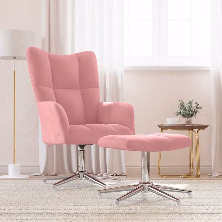 vidaXL Poltrona Relax con Poggiapiedi Rosa in Velluto, Sedia Girevole 360 Gradi con Braccioli e Struttura in Metallo