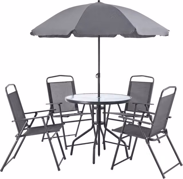 Set da Giardino en.casa con Tavolo Rotondo in Vetro e 4 Sedie Pieghevoli in Alluminio Verniciato a Polvere, Colore Nero e Grigio