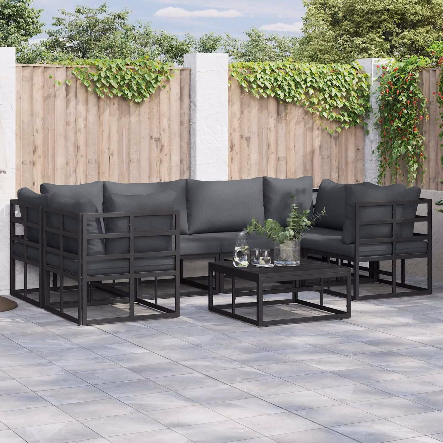 Set Divano da Giardino vidaXL 7 Pezzi a Forma di L con Tavolino e Cuscini in Alluminio Antracite e Nero – 1