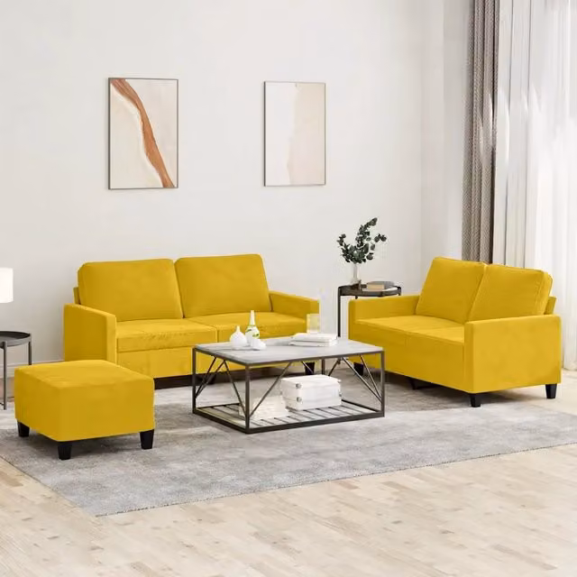 Set di divani 3 pezzi vidaXL in velluto giallo con cuscini per soggiorno in stile moderno