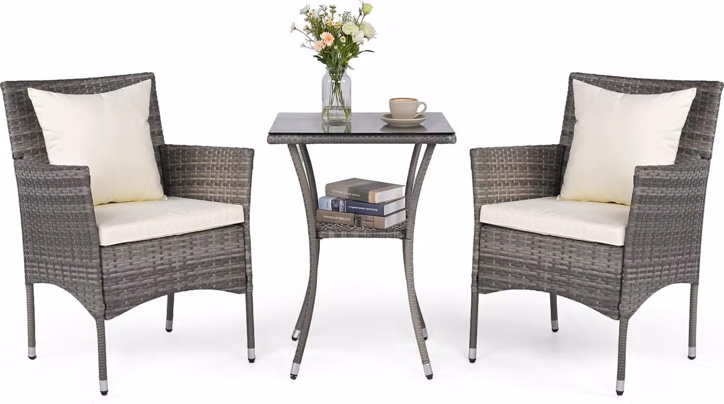 COSTWAY Set di mobili da giardino in polyrattan 3 pezzi con tavolo in vetro e cuscini, set di mobili in rattan, set di sedute, set da balcone, set da terrazza, set da giardino, beige