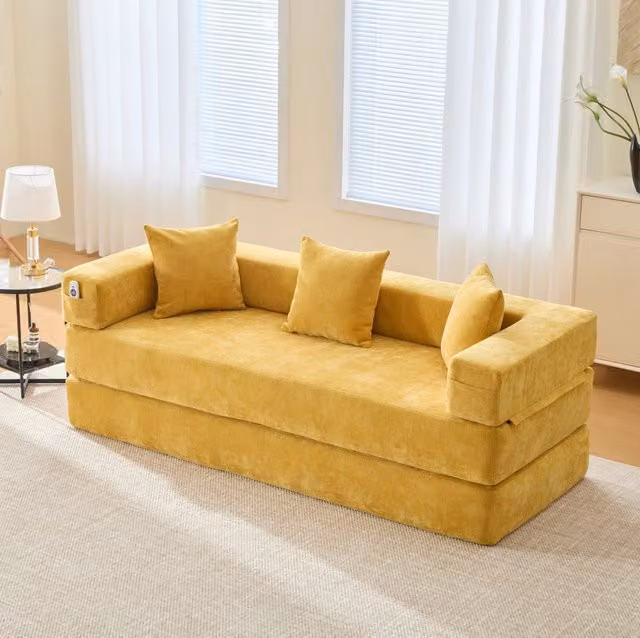 Divano modulare 198x79x60 cm giallo senape, tessuto chenille, contenitore laterale