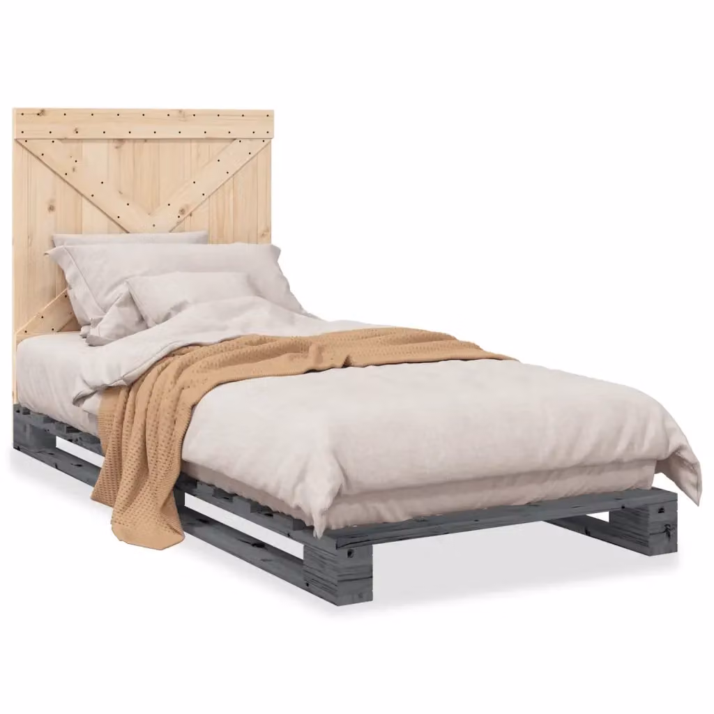 vidaXL Giroletto con Testiera Grigio in Legno Massello di Pino L/P/H: 90 x 200 cm – 2