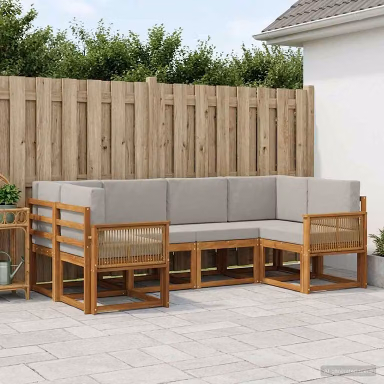 Set di divani da esterno vidaXL a forma di L composto da 6 pezzi in legno di acacia con cuscini inclusi, colore marrone e grigio chiaro