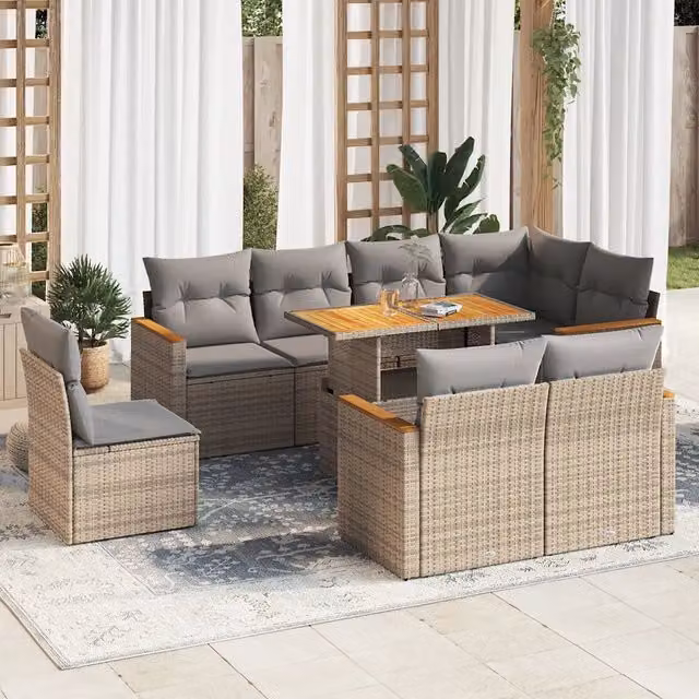Set Divano da Giardino a L vidaXL in Polyrattan e Legno di Acacia con Cuscini Beige e Grigio, 9 Pezzi – 1
