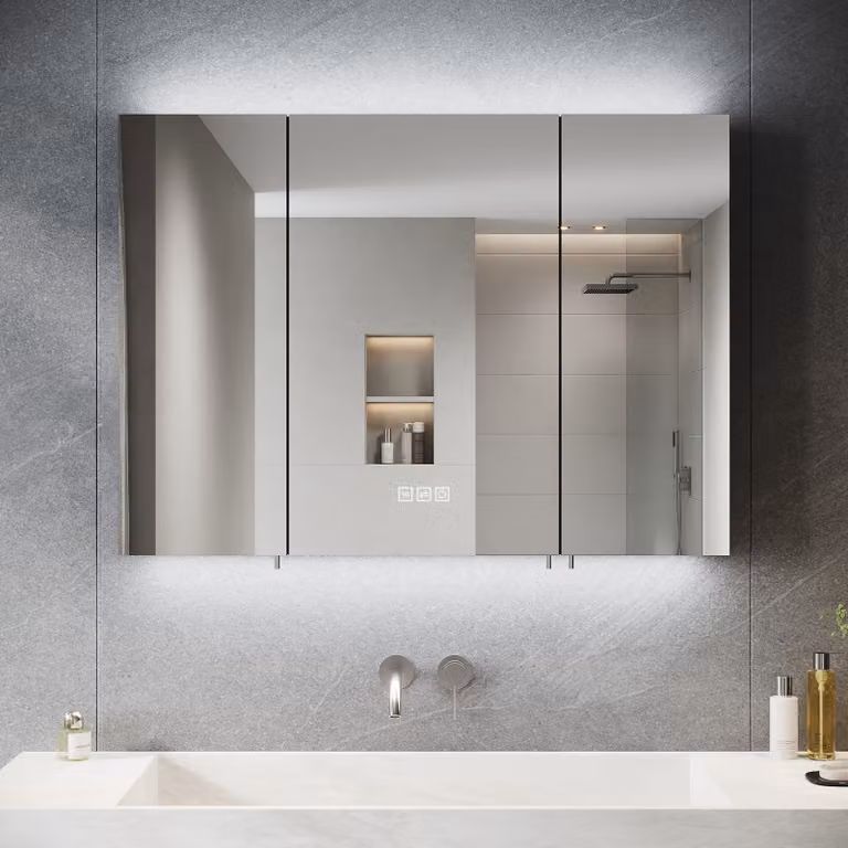 SONNI Armadio a specchio a tre ante 90x65x13cm con interruttore a tre tocchi Luce e buio regolabili Tre temperature di colore con funzione antiappannamento