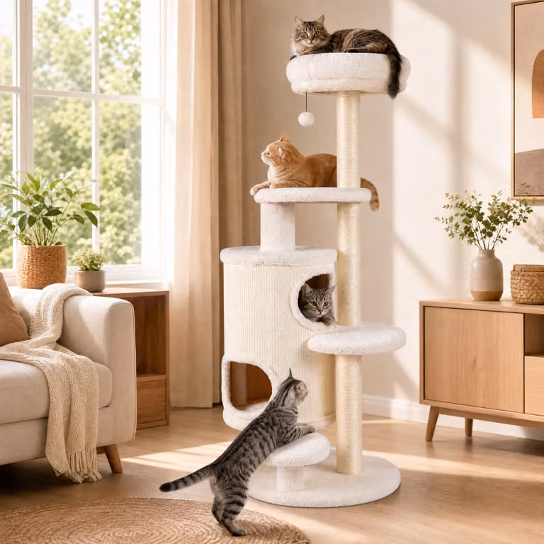 Albero per gatti da interno Costway bianco con posatoio superiore, 3 piattaforme di salto, cuccia e tiragraffi in sisal smontabile