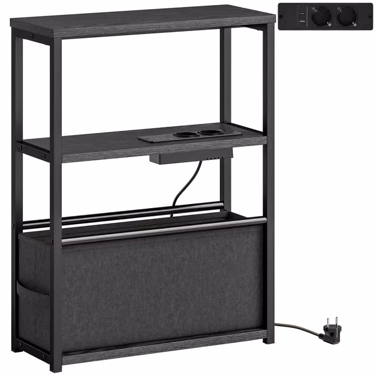 Tavolino ausiliario nero con presa di corrente integrata | Colore: Nero | Dimensioni: 45x18x60,2 cm