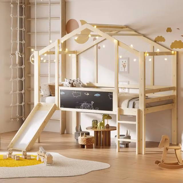 Letto a soppalco per bambini 90 x 200 cm in legno massello con casetta; scala; scivolo e lavagna