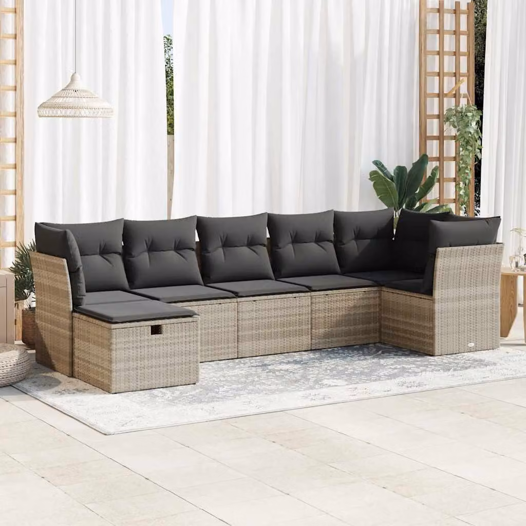 Set di divani da giardino vidaXL in polyrattan con cuscini grigi, composizione a L con ottoman, 7 pezzi