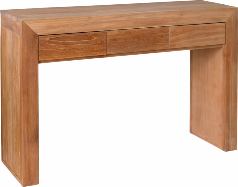 Tavolino consolle in teak massello, modello Taberg, dimensioni 120x35 cm, con 2 cassetti, resistente agli agenti atmosferici