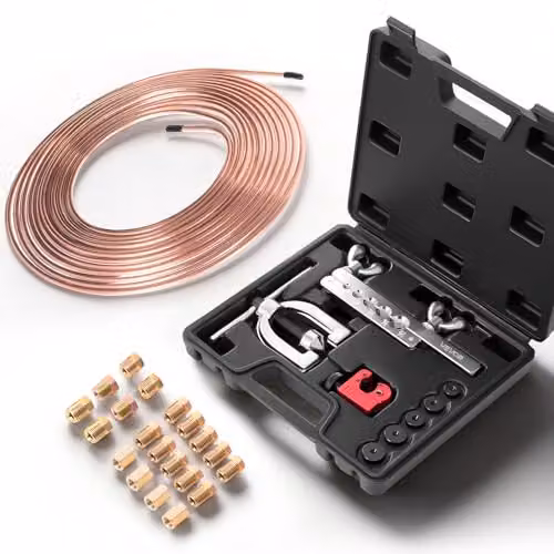 VEVOR Kit di Strumenti per Svasatura Doppia e Singola dei Tubi Freno a 45°, Kit di Riparazione per Tubi Freno Rivestiti in Rame 7,6 mx4,76 mm (16 raccordi e 4 raccordi), con Tagliatubi e 5 Adattatori