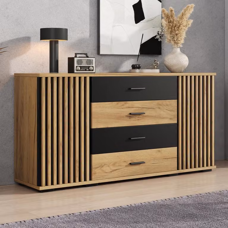 Mobile contenitore – Comodino con 4 cassetti e 2 ante – 140 x 35 x 70 cm – Design verticale con scanalature – Ripiani interni regolabili – Rovere nero