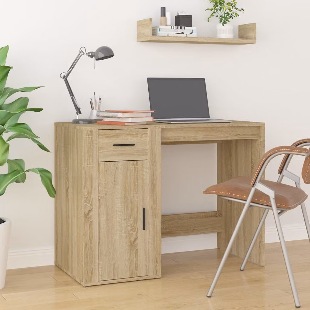 Scrivania moderna vidaXL in legno MDF color rovere, L: 100 cm, P: 49 cm, H: 75 cm