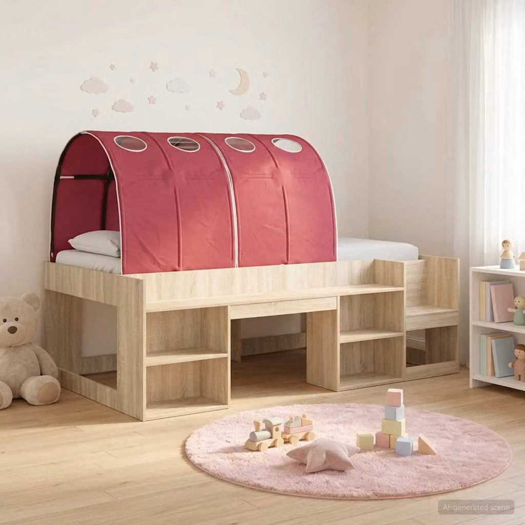 vidaXL Letto per bambini con struttura a casetta, tunnel e scaffale, Rovere e Rosso, L: 193 cm, P: 103,5 cm, H: 65 cm