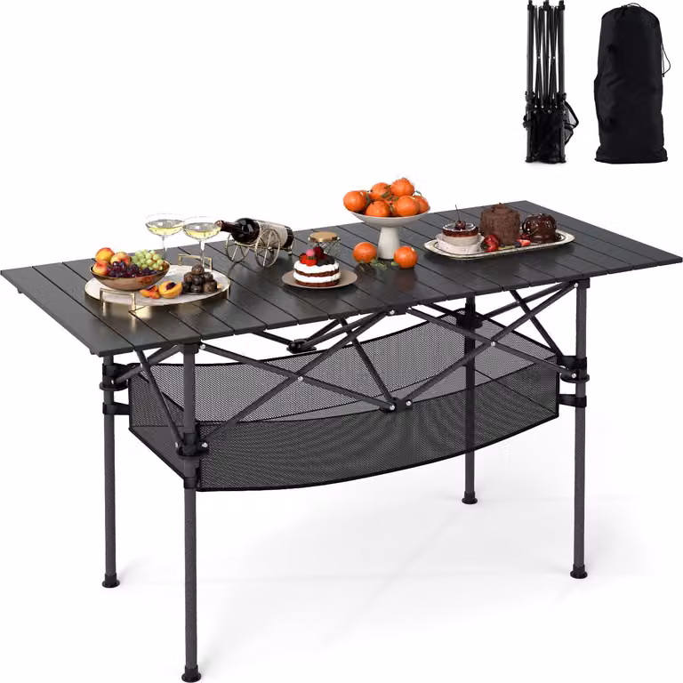 Tavolo pieghevole in alluminio KOMFOTTEU, tavolo da campeggio portatile con fasciatoio, cestino in rete e borsa per il trasporto, tavolo da picnic salvaspazio per campeggio, giardino, 119 x 55 x 69 cm (nero)