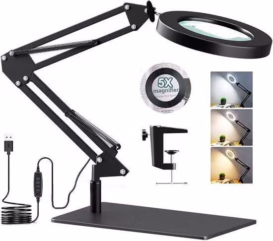 Lampada da tavolo con lente d'ingrandimento LED Unyqoos®, ingrandimento 5x – braccio regolabile, 3 modalità di illuminazione, 10 livelli di luminosità, 72 LED, morsetto da tavolo e base