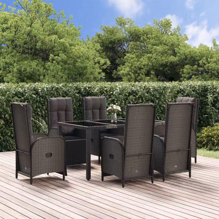 Set da pranzo da giardino vidaXL in polyrattan con tavolo in vetro e 7 pezzi, nero e grigio