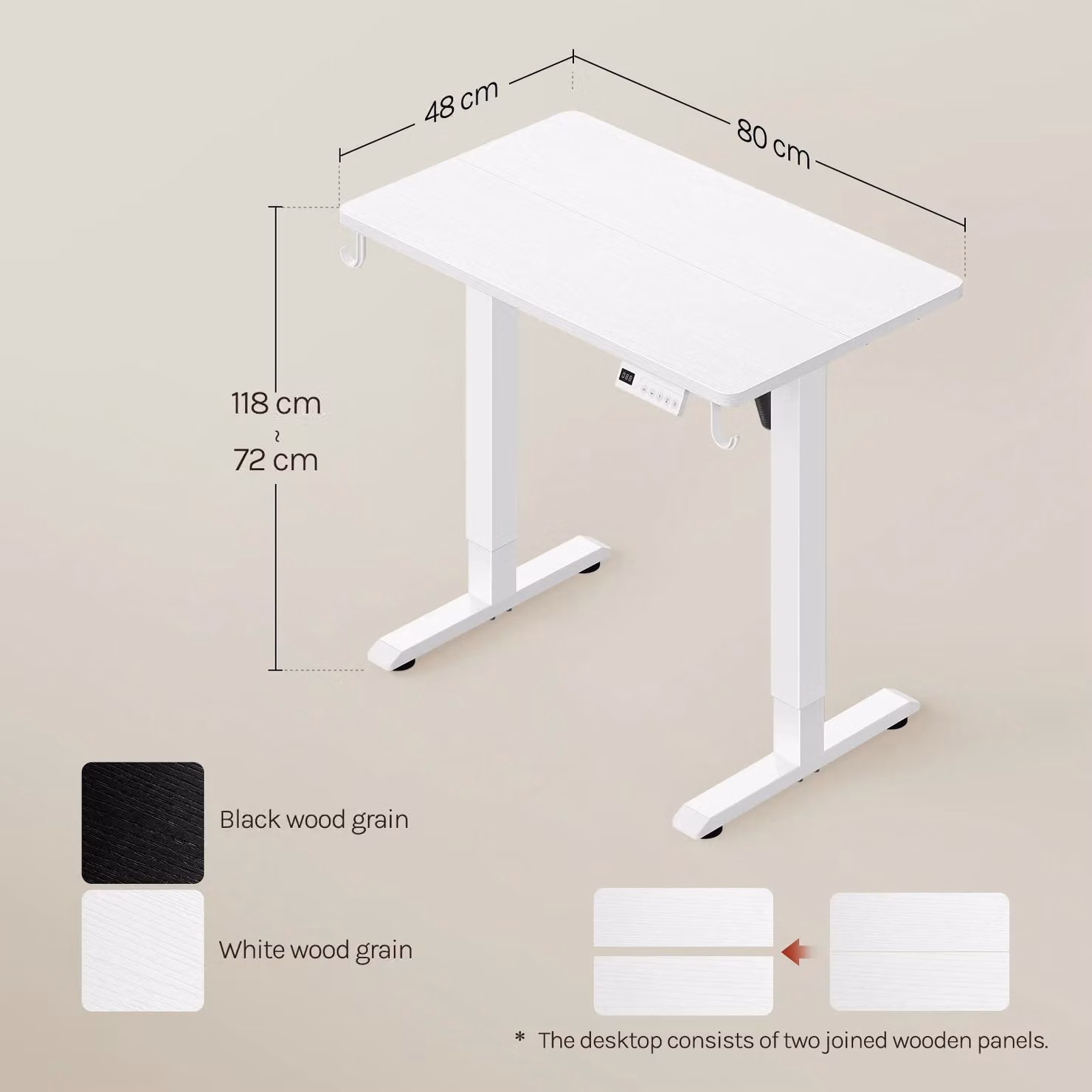 Scrivania regolabile in altezza elettricamente - Scrivania da gaming - 80 x 48 cm - Regolazione dell'altezza da 72 a 118 cm - 3 posizioni di altezza memorizzabili - Protezione anti-collisione - Porta USB integrata - Bianco