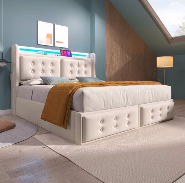 Letto 160x200 cm con contenitore, LED, prese USB e USB-C in cotone-lino beige