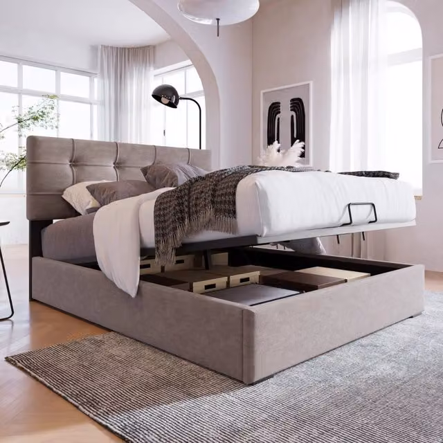 Letto singolo contenitore 90 × 200 cm con testiera regolabile, sollevamento idraulico, senza materasso, velluto grigio