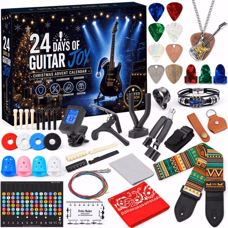 Calendario dell'Avvento a tema chitarra 2026, 24 accessori, colore verde