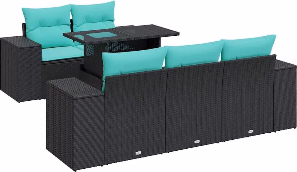 Set Divano da Giardino 6 pz con Cuscini Nero Polyrattan Acacia