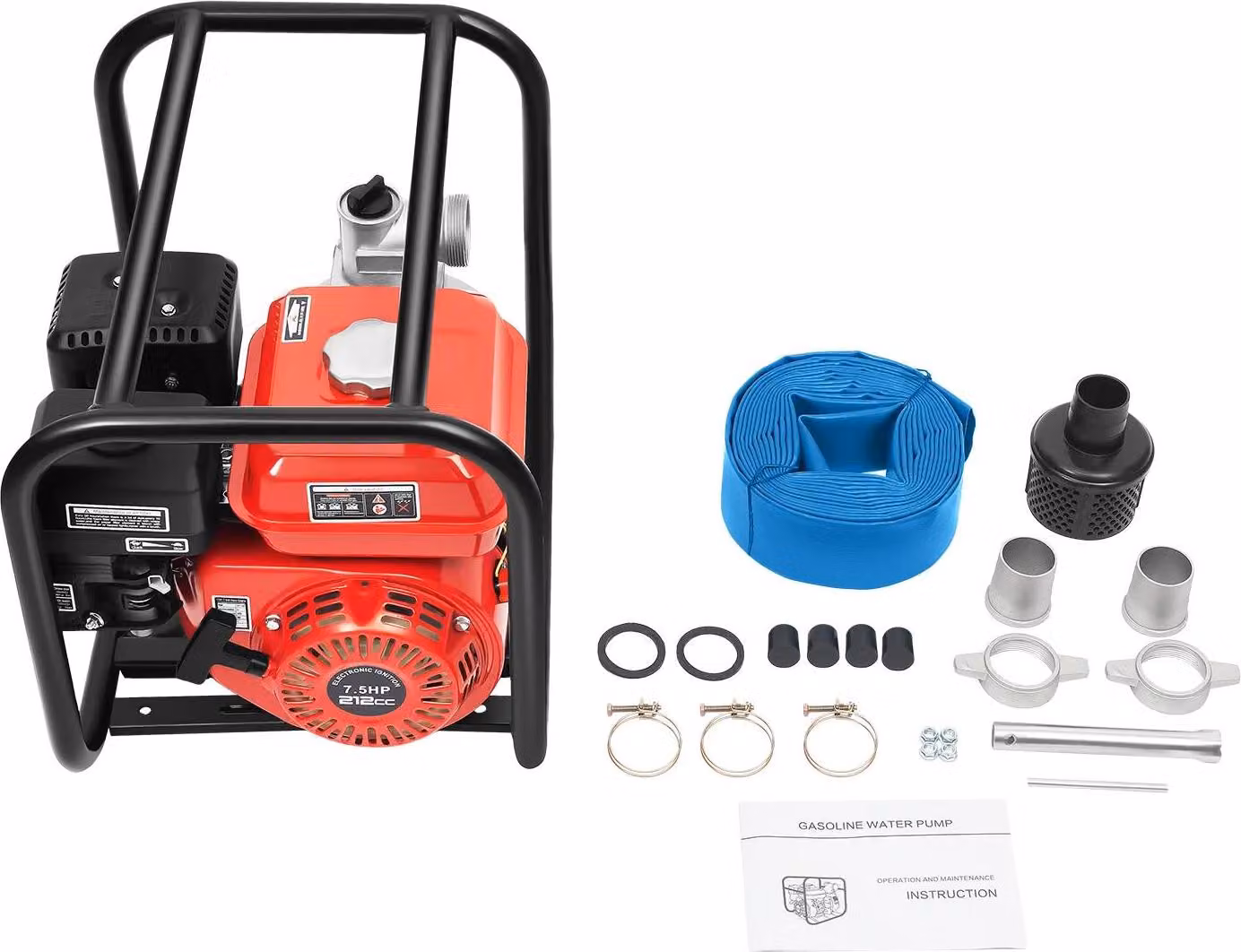 Pompa per acqua a benzina - pompa da giardino da 7,5 CV, 4 tempi, 212 cc - pompa per irrigazione per il giardino - portata di 26 m³/h - set con tubo da 7,5 metri e filtro
