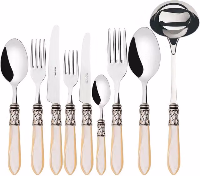 Set di posate ALADDIN Ghiera Argento Anticato in acciaio inossidabile con scatola Wenge, 75 pezzi, colore beige e avorio