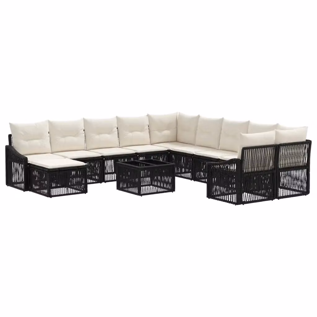 Set Divano da Giardino vidaXL a Forma a U in Polyrattan Nero e Beige con Cuscini e Tavolino – 2