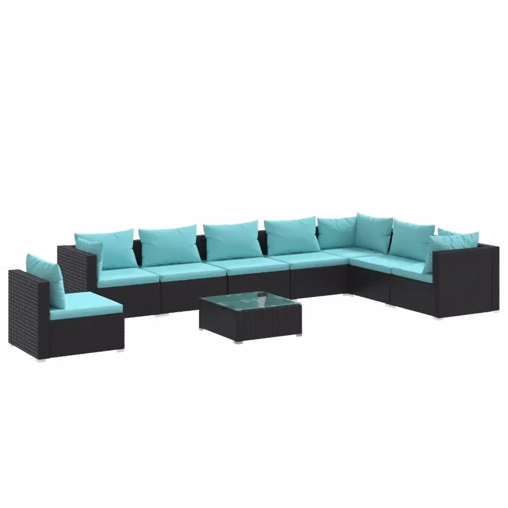 Set di Divani da Giardino vidaXL 9 Pezzi con Tavolino e Cuscini, Design Moderno a L con Struttura in Metallo e Polyrattan, Colore Nero, Blu e Turchese – 2