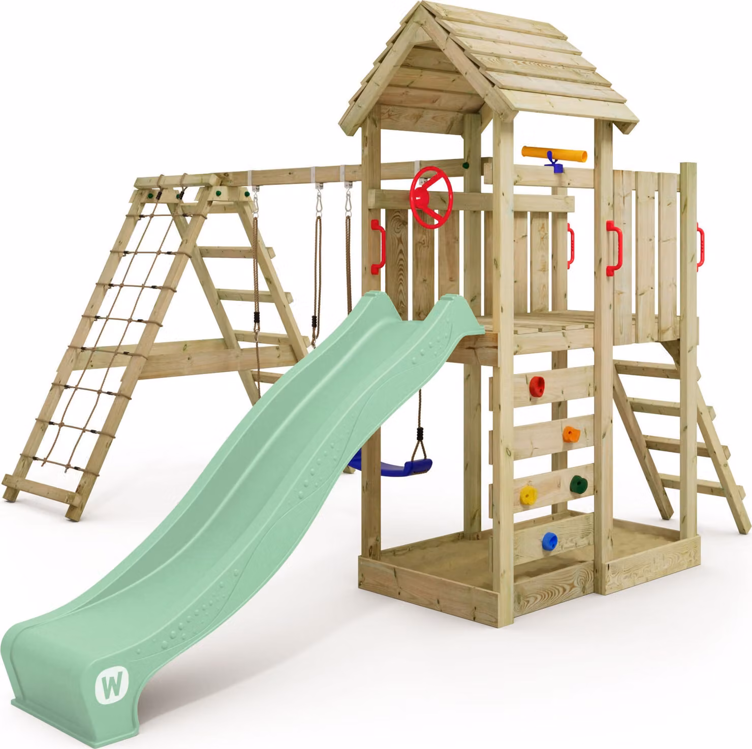 Torre giochi Wickey RocketFlyer con altalena e struttura per arrampicata, colore verde chiaro