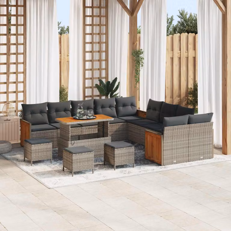 Set Divano da Giardino vidaXL 14 Pezzi a Forma di U con Cuscini e Tavolino Grigio