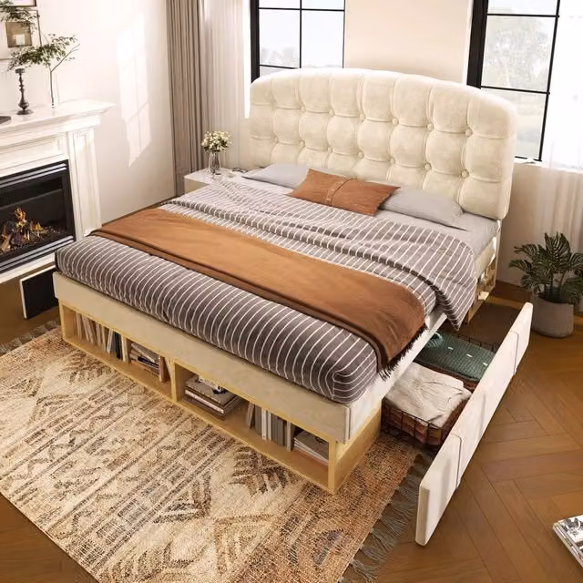 Letto singolo imbottito 90 × 200 cm con rete a doghe cassetti velluto beige testiera regolabile