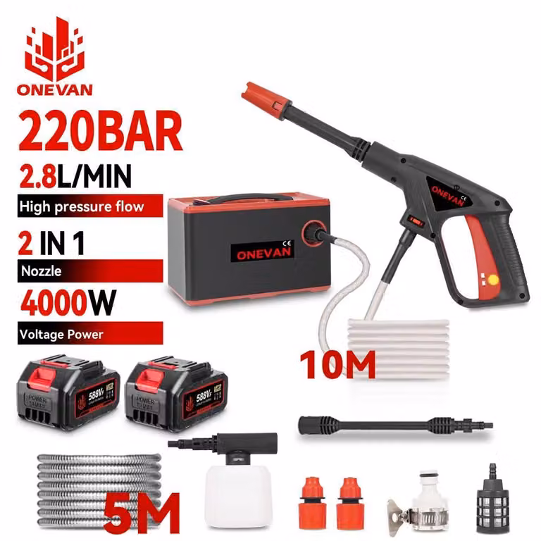 Idropulitrice - Pistola a spruzzo senza fili - 220 bar - 4000 W - 2 batterie da 18 V incluse - Lavaggio auto e irrigazione - Rosso