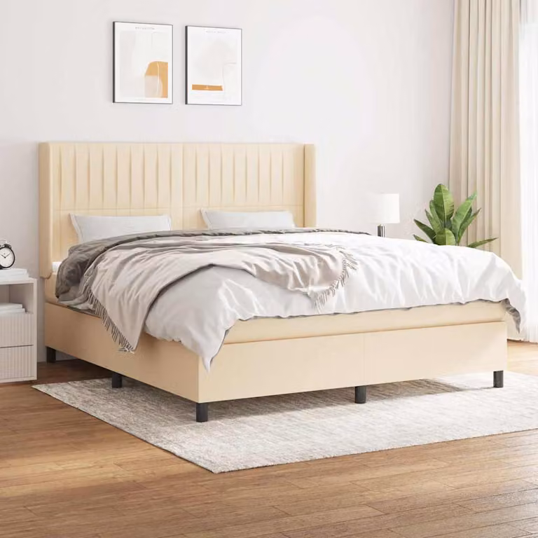 vidaXL Giroletto a Molle Ibrido con Materasso in Tessuto Beige e Bianco L/P: 160 x 200 cm