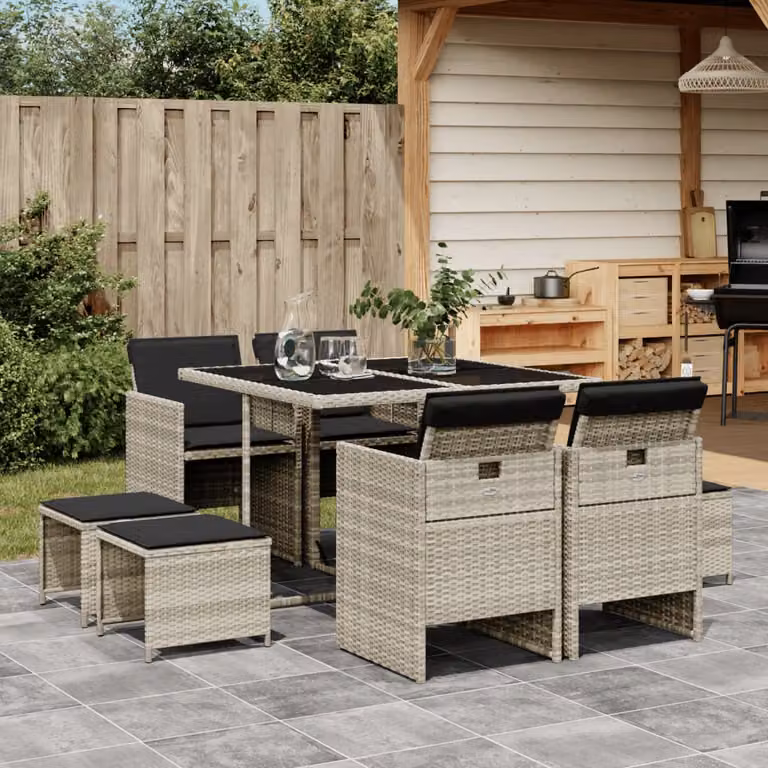 Set Pranzo da Giardino vidaXL in Polyrattan con Piano in Vetro e 9 Cuscini, Grigio Antracite