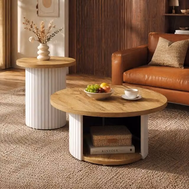 Set di tavolini da salotto rotondi MODFU in MDF laminato marrone con design scandinavo, L/P/H: 75 x 75 x 50 cm e 45 x 45 x 35 cm