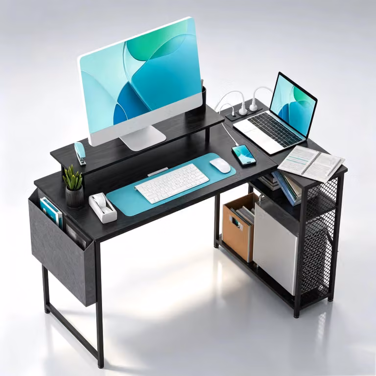 Scrivania da gaming a forma di L - Scrivania angolare per computer - 100 x 70 x 75 cm - Legno - Con spazio contenitivo - Nera - Assemblaggio richiesto