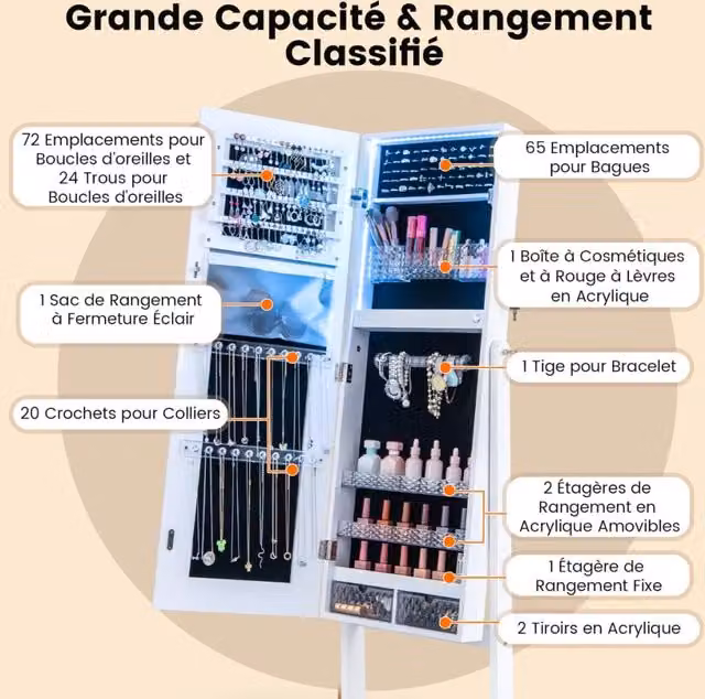 Pratico Armadio Gioielli Bianco con Specchio LED 3 Colori, Chiusura a Chiave, 3 Inclinazioni, per Casa