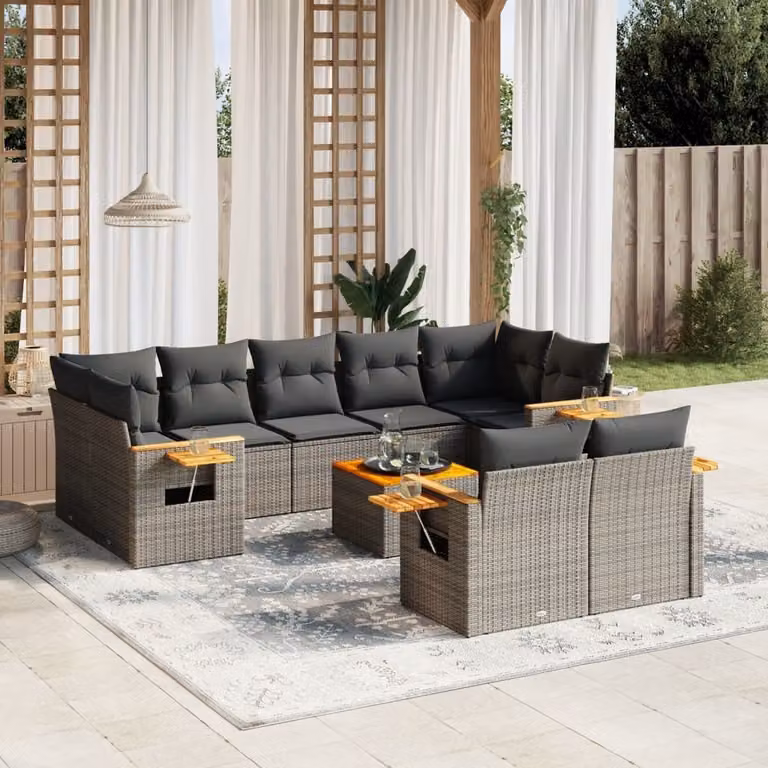 The Living Store Set di divani da giardino 10 pezzi con cuscini in poly rattan grigio