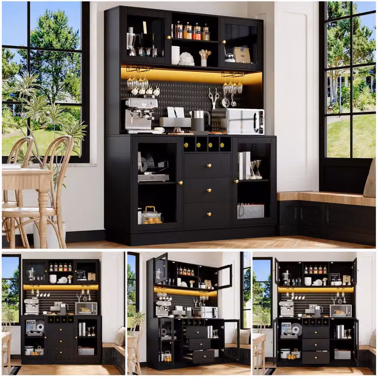Mobiletto alto moderno con illuminazione LED integrata, dimensioni 140x40x185,7 cm, colore nero