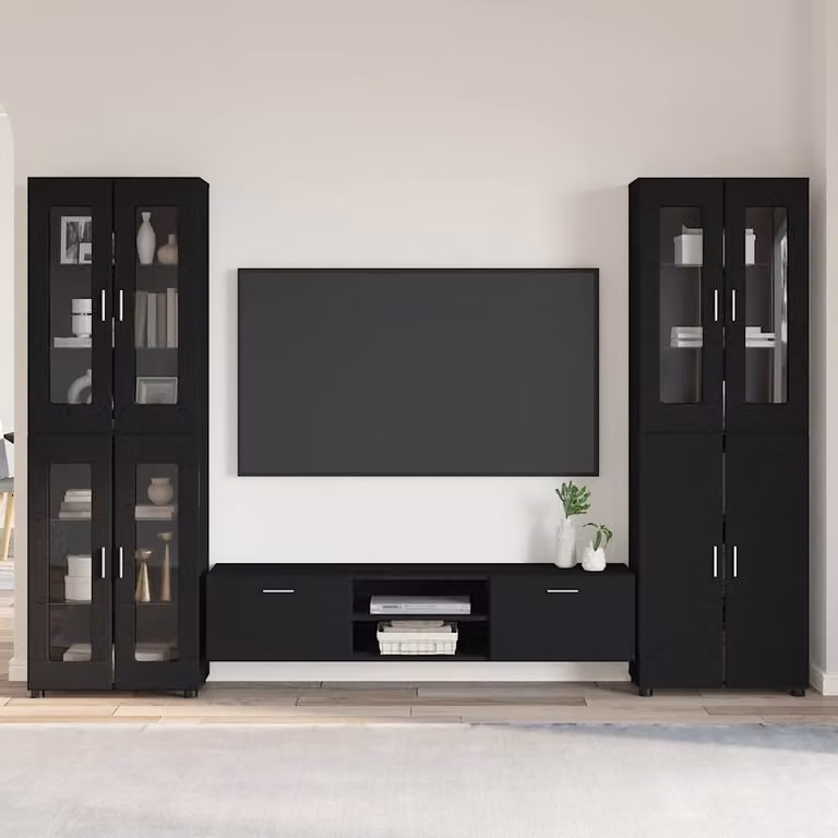 Set mobile TV moderno vidaXL FLORIN in 3 pezzi, colore Nero, L 150 x P 39 x H 30 cm
