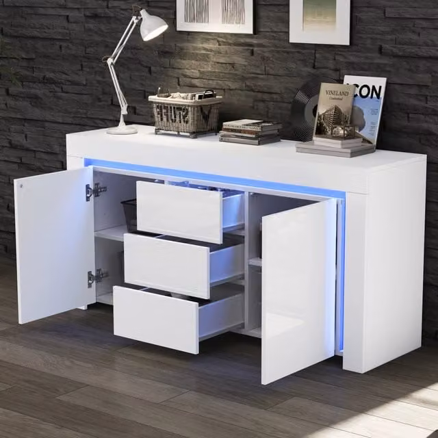 Credenza e madia con luce led, 2 ante, 3 cassetti e ripiani regolabili, per soggiorno, 140 × 40 × 65 cm, bianco
