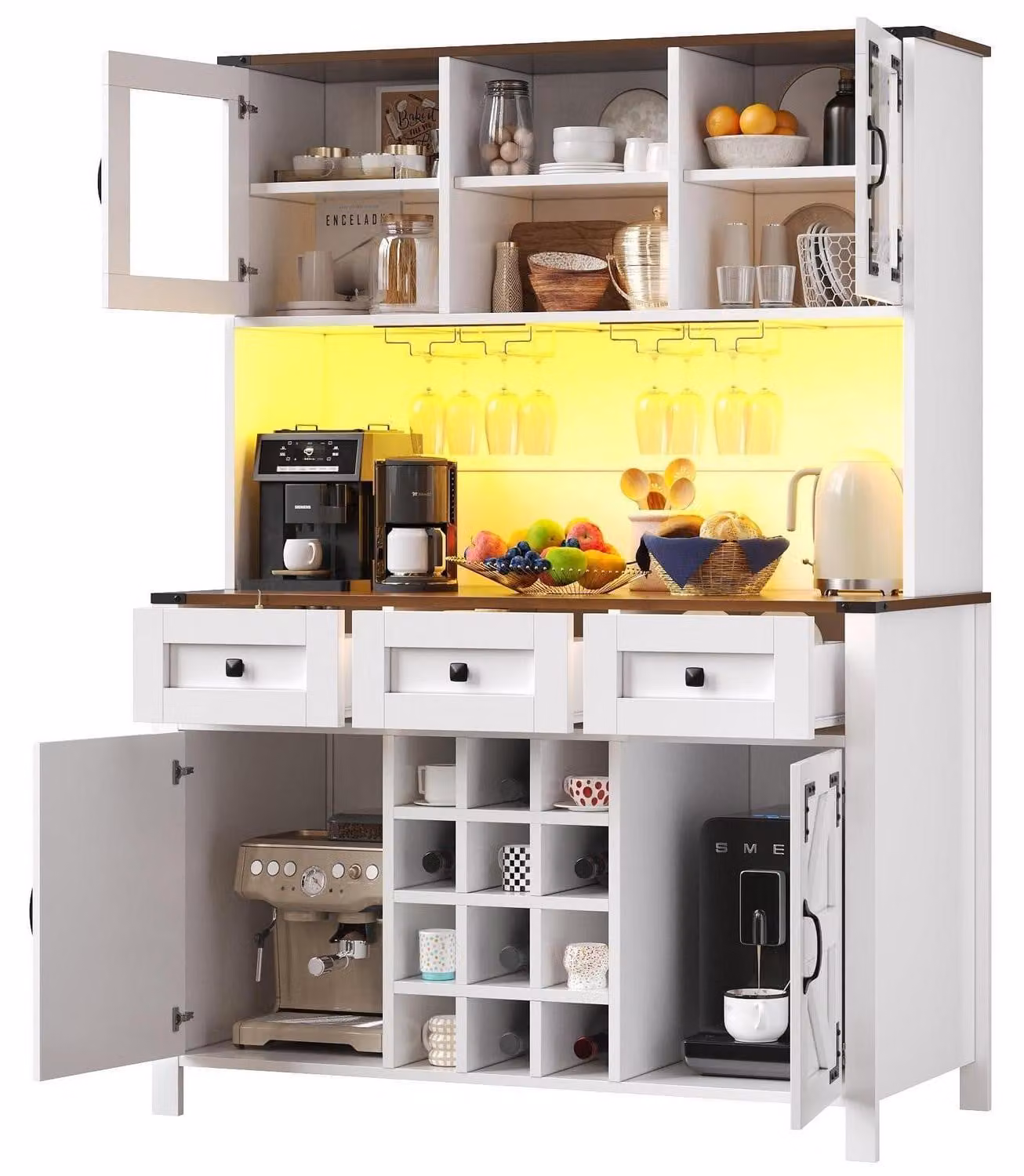 Mobile da cucina con prese USB e prese di corrente, 4 ante, 3 cassetti, barra illuminante a LED, dimensioni 120x40x170 cm, colore bianco